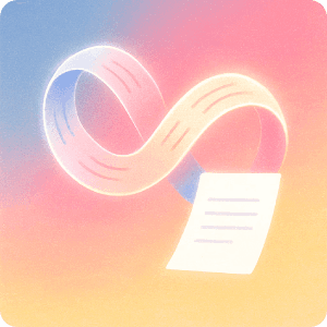Illustration of paper with text wrapped in a ribbon/infinity shape floating behind