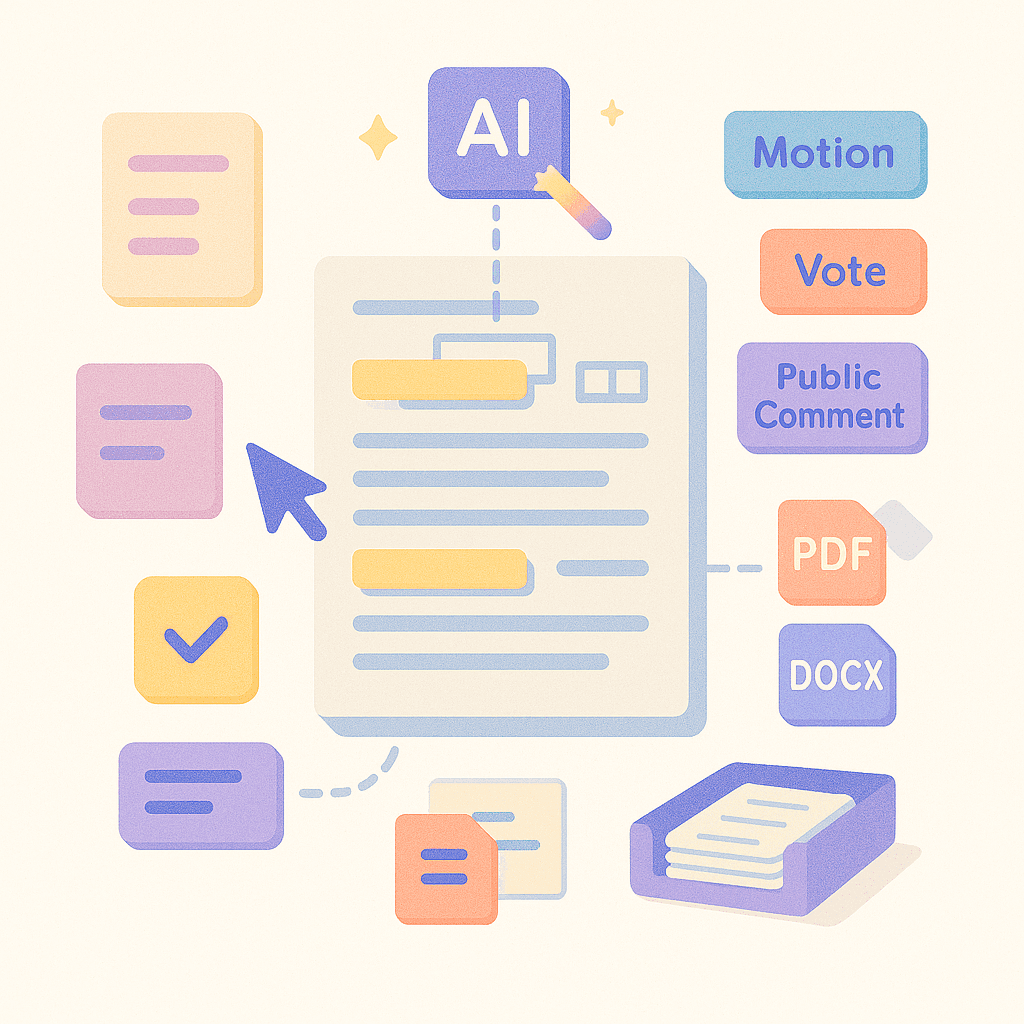 An AI-powered document editor with options for Motion, Vote, Public Comment, and export to PDF and DOCX