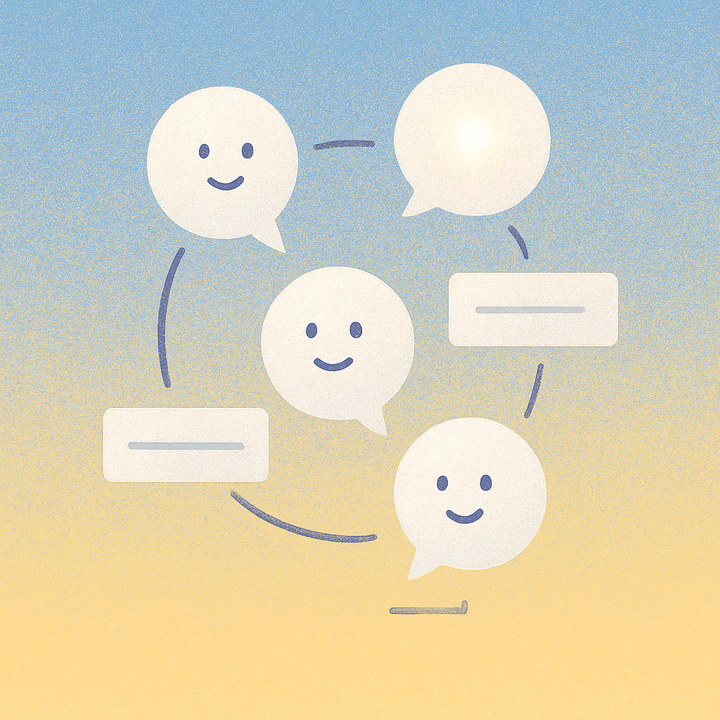 Four smiley chat bubbles connected in a circle, representing a multi-party conversation.