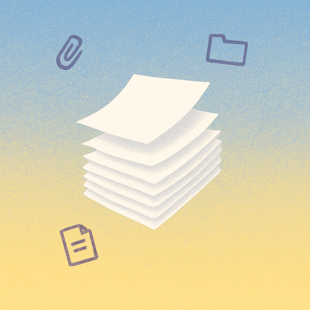 A stack of papers floating with a paperclip, folder, and document icon around itA stack of papers floating with a paperclip, folder, and document icon around it.