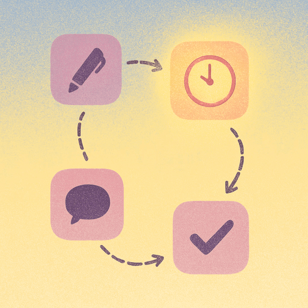 Four icons in a cycle: pen, clock, checkmark, and chat bubble.