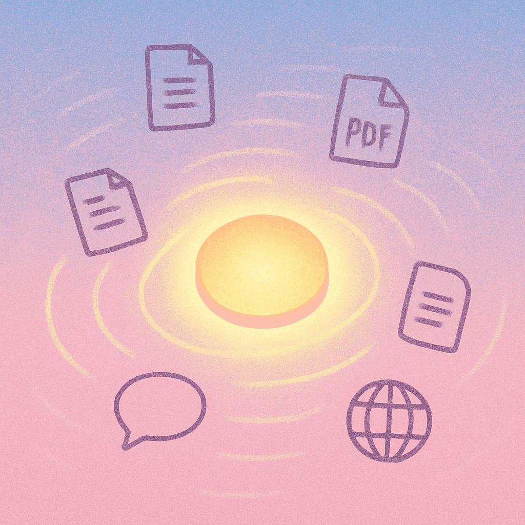 A glowing orb surrounded by orbiting icons: documents, a PDF, a chat bubble, and a globe.