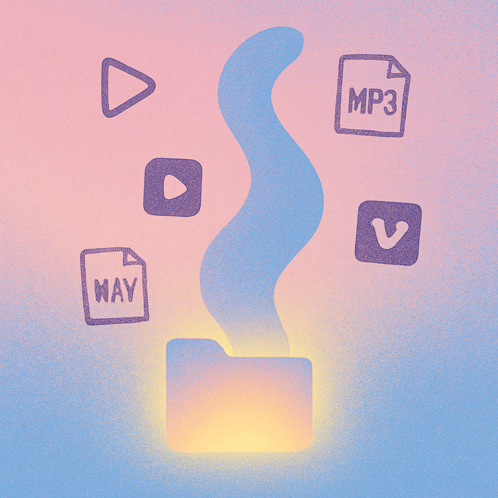"A glowing folder emitting a swirl surrounded by media format icons: MP3, WAV, video, and Vimeo