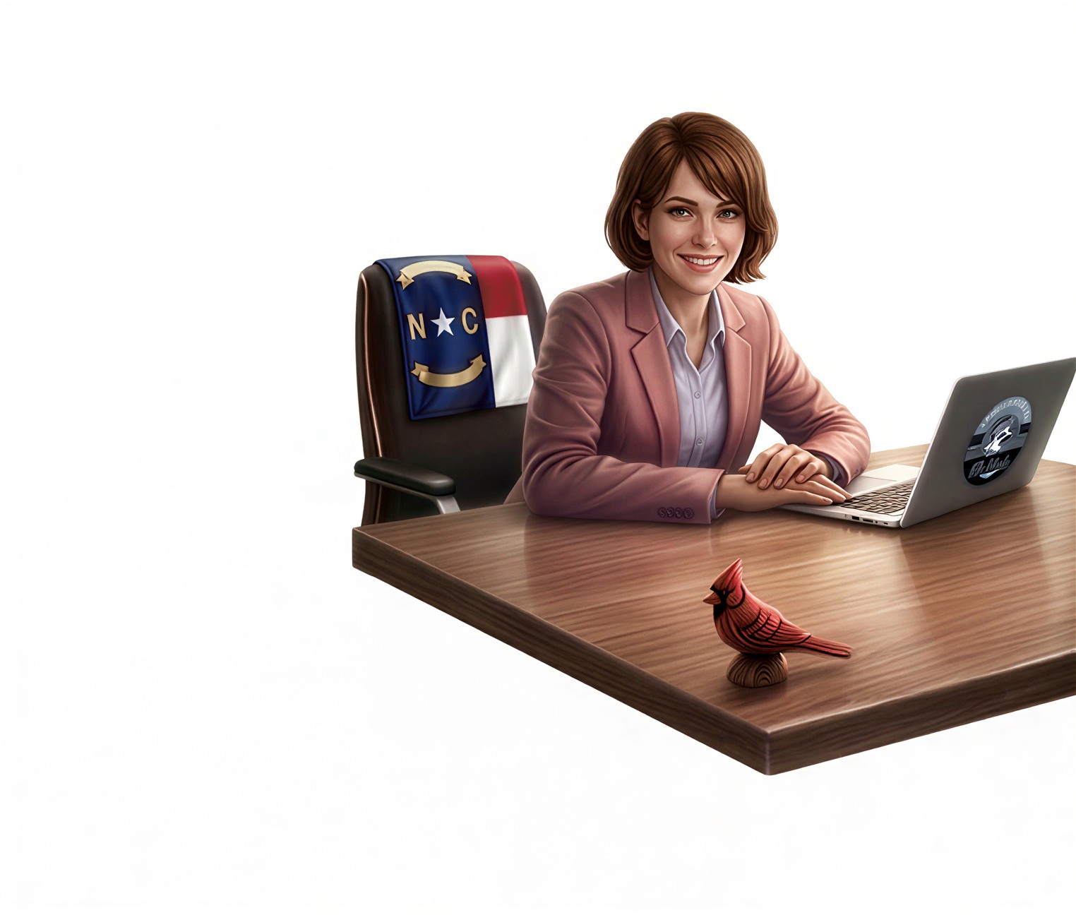 Illustrated woman in a pink blazer at a desk with a laptop, North Carolina flag draped over her chair.
