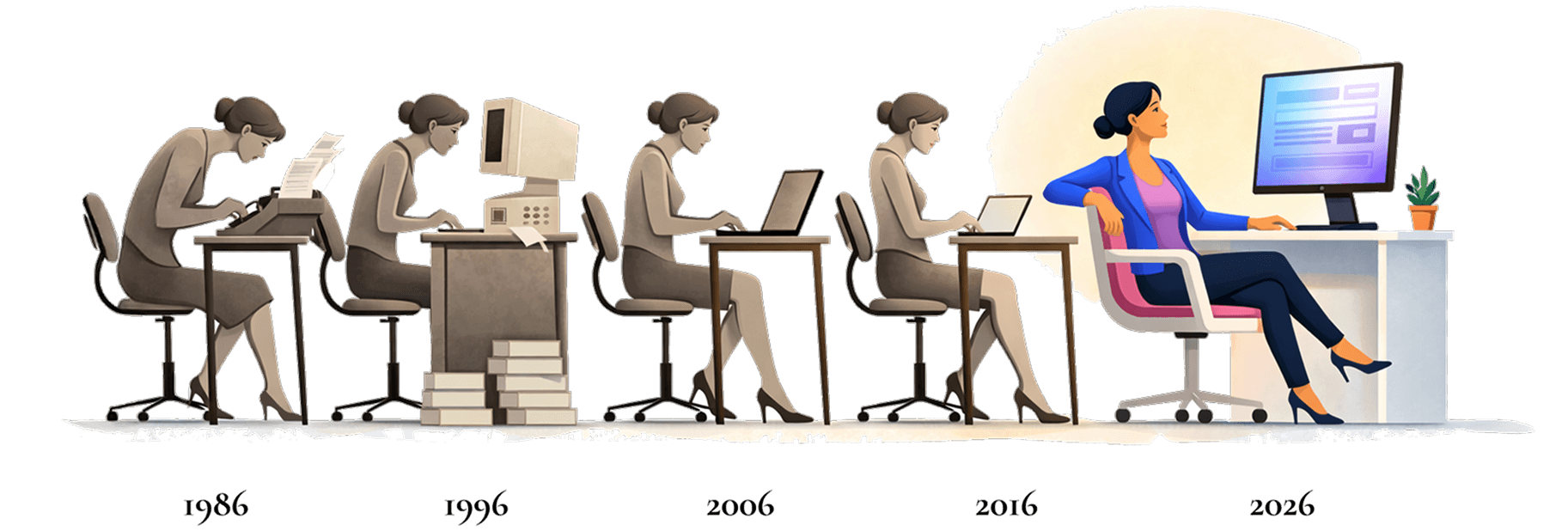 "An illustrated timeline showing a woman at a desk evolving from a typewriter in 1986, to a desktop computer in 1996, a laptop in 2006, a tablet in 2016, and a modern workstation in 2026.