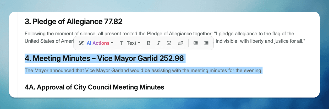 ClerkMinutes app with selected portion of generated minutes