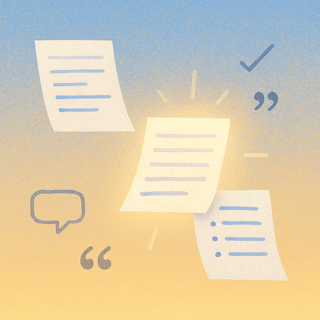 Three documents with quotation marks, a checkmark, and a chat bubble, suggesting review or feedback.