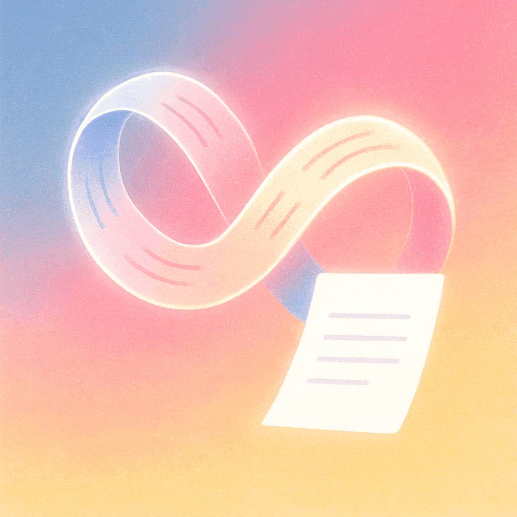 A document flowing into an infinity loop, symbolizing continuous or automated workflow.
