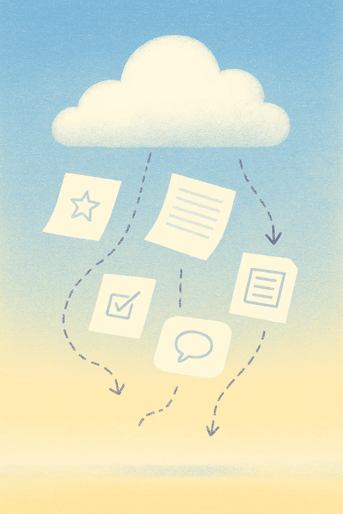 Cloud sending content to five floating cards: star, document, checkbox, chat, and notes.