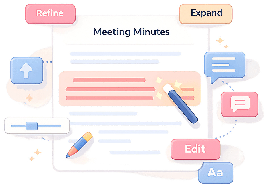 A meeting minutes document with AI editing tools: Refine, Expand, Edit, and formatting controls.