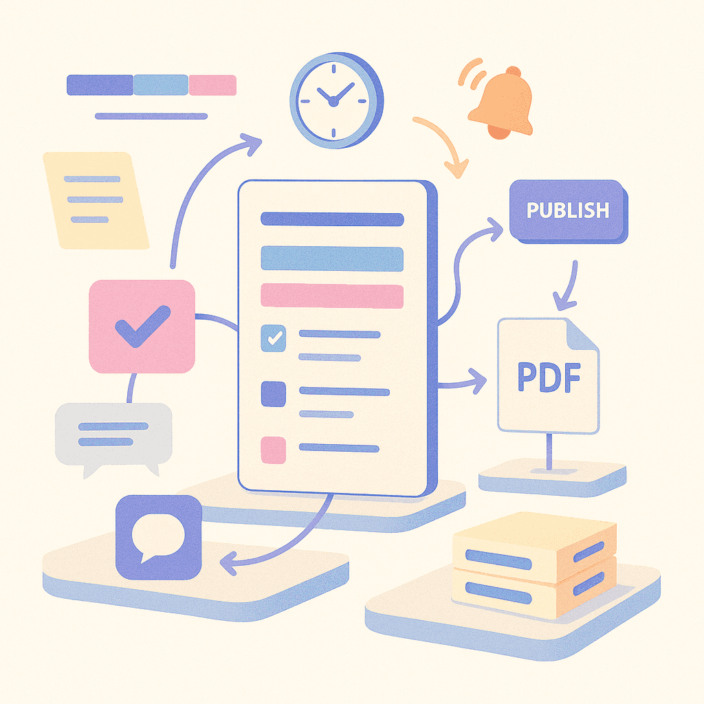 A pastel 3D illustration of a document workflow, showing a checklist connected by arrows to icons for time, notifications, approval, chat, publishing, and PDF export