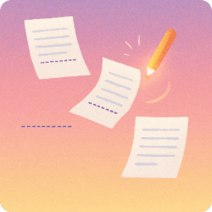 Illustration of 3 floating papers and a pencil