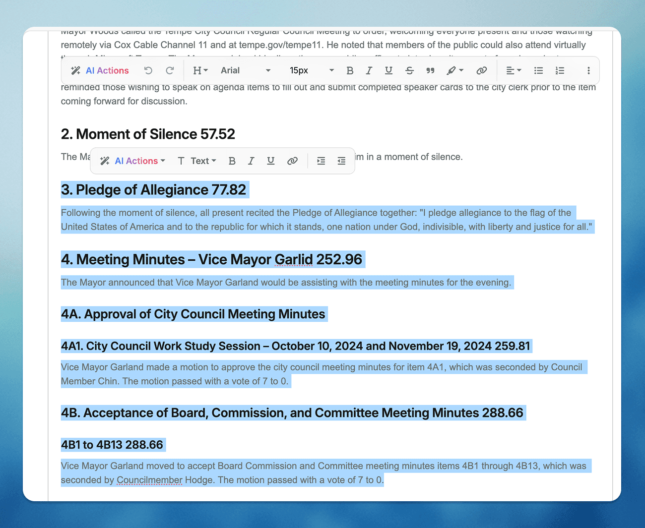 ClerkMinutes app with selected portion of generated minutes showing options of AI action