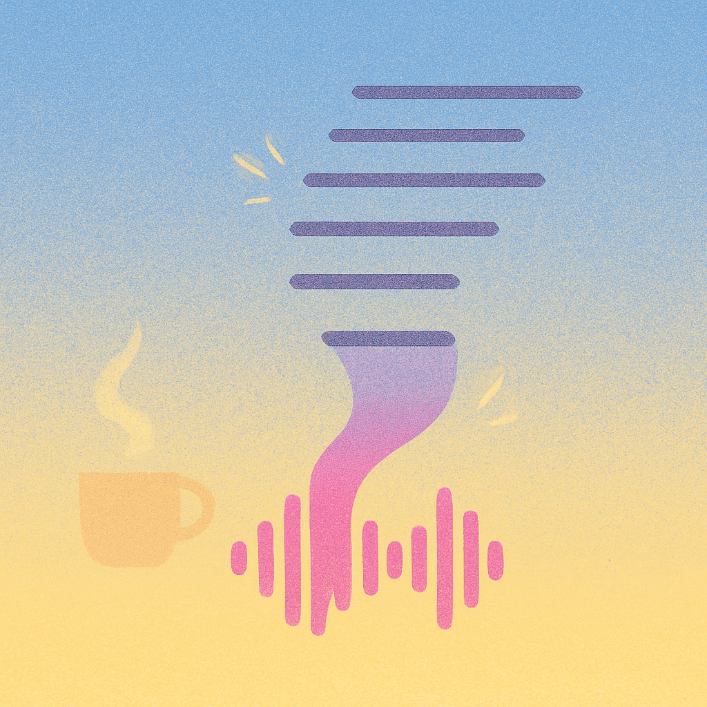 A sound wave transforming into text lines, with a coffee cup nearby — illustrating audio transcription.
