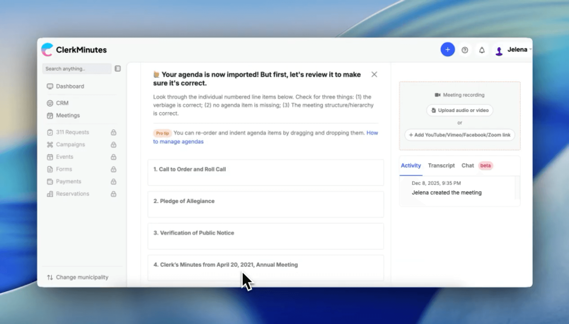 Screenshot from the ClerkMinutes software: How to use ClerkMinutes step 1