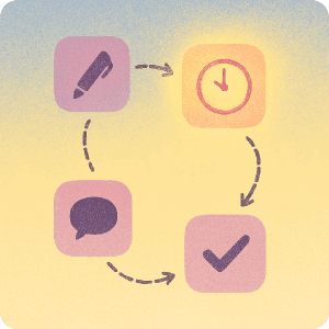 Illustration that includes chat icon, pen icon, clock icon and a checkmark