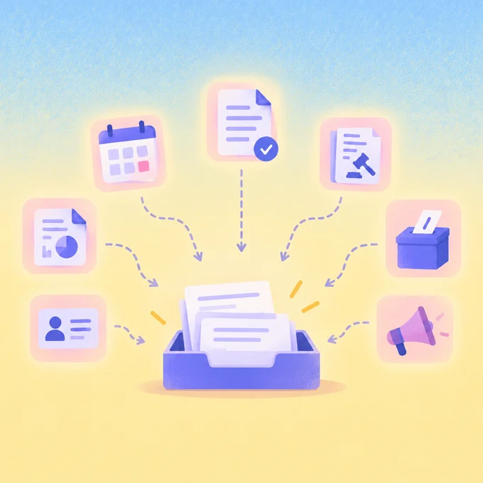 Municipal records including agendas, minutes, permits, records requests, election paperwork, and public notices flowing into one organized inbox.