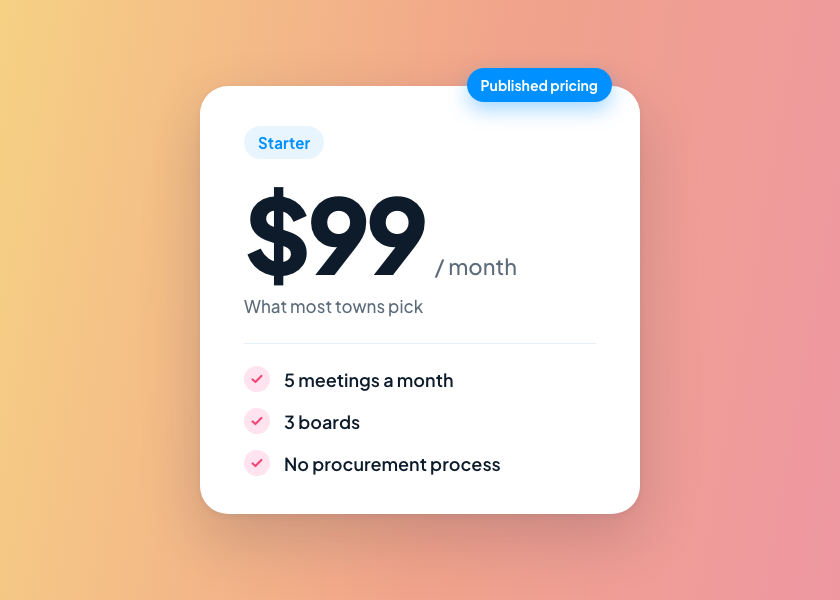 Starter plan card: $99 a month covers 5 meetings and 3 boards, with published pricing and no procurement process