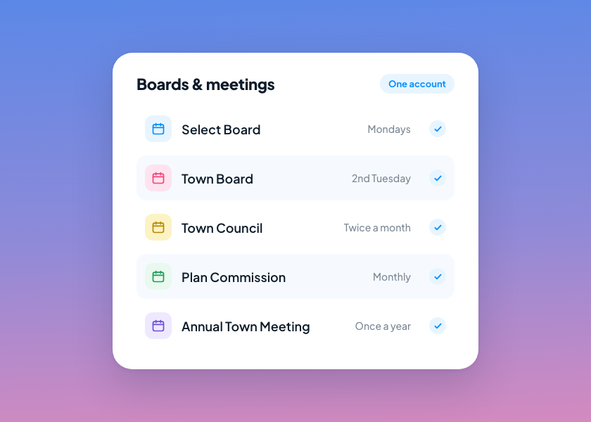 Boards and meetings list: Select Board, Town Board, Town Council, Plan Commission, and Annual Town Meeting
